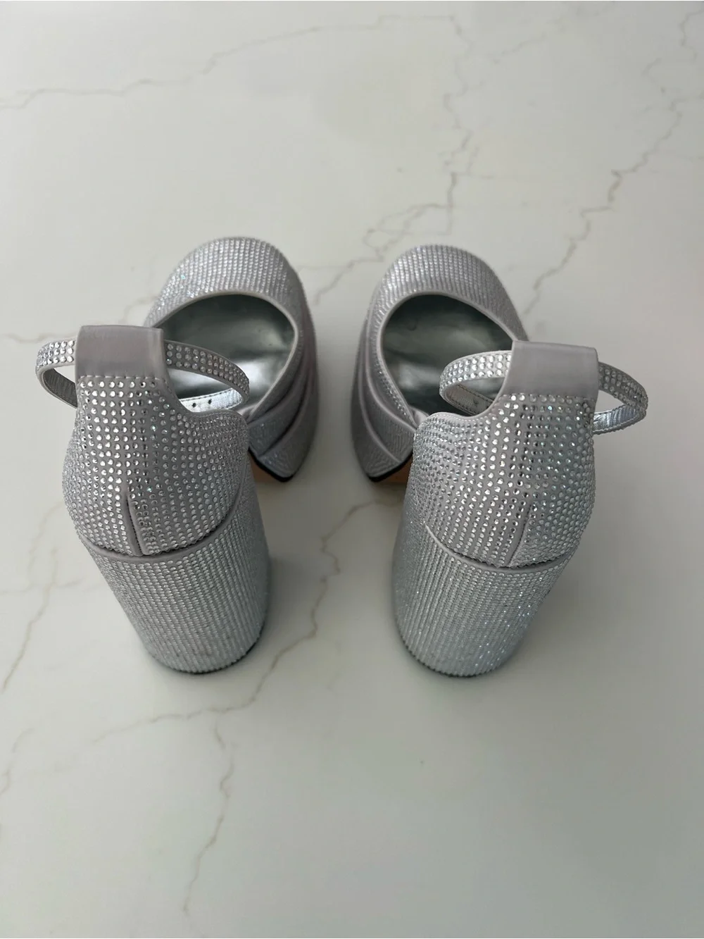 Steve Madden Silver Crystal Embellished Platform Heels with Ankle Strap